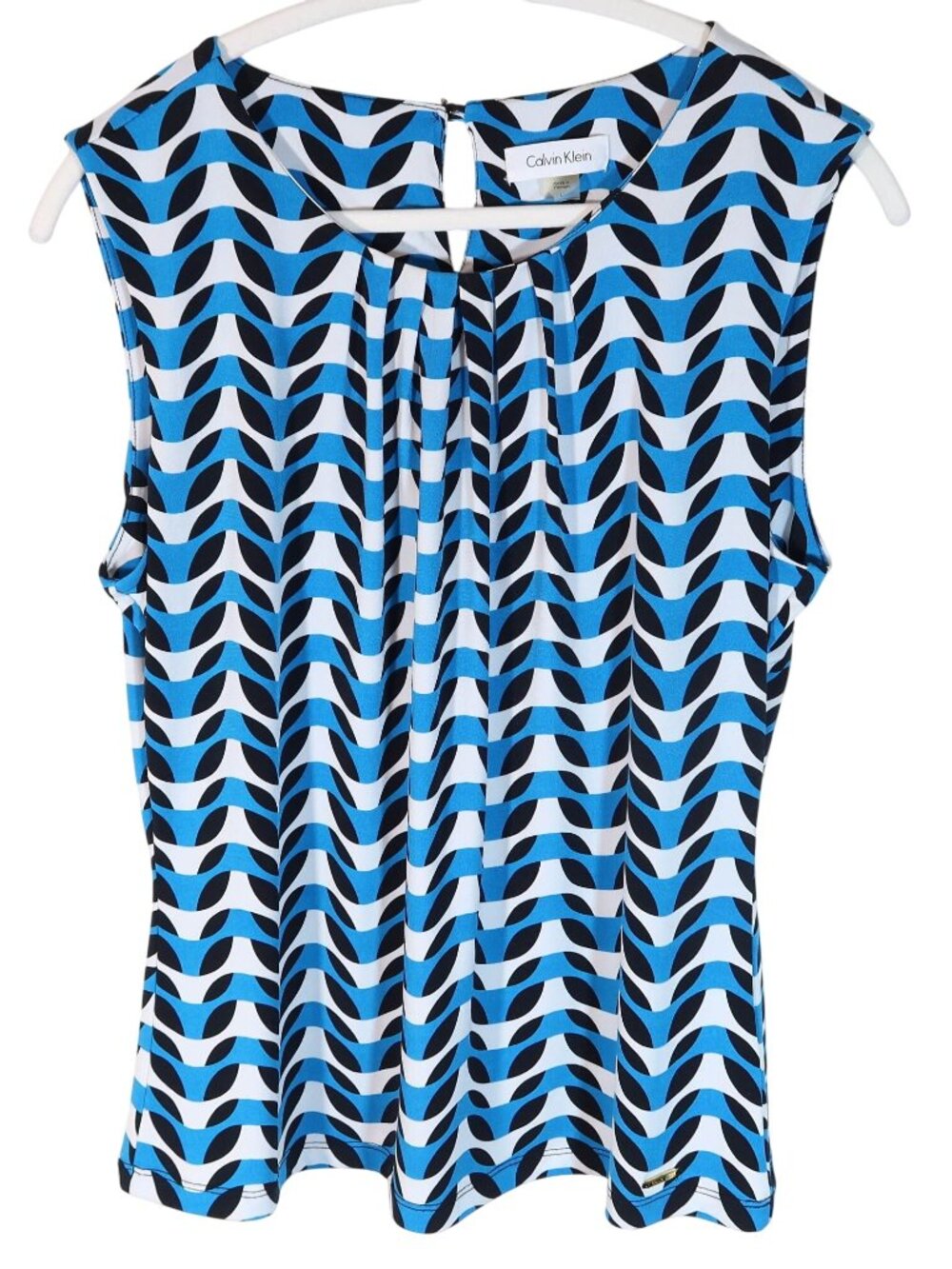 CALVIN KLEIN Pleated Knit Sleeveless Top Size L Geometric Print Preppy Career